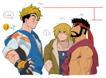 3boys ? bara beard black_hair blonde_hair blush coat connected_beard d_i_l_f_hunter emoji english_text eye_contact forked_eyebrows headband height_conscious huge_eyebrows jacket ken_masters looking_at_another luke_sullivan male_focus medium_hair multiple_boys muscular muscular_male pectorals profile ryu_(street_fighter) scar speech_bubble spoken_question_mark stats street_fighter thought_bubble toned toned_male v-shaped_eyebrows zipper
