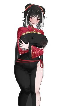 Rule 34 | 1girl, black hair, blush, breasts, china dress, chinese clothes, commentary request, covered erect nipples, covering breasts, covering privates, double bun, dress, grabbing own breast, hair bun, highres, korean commentary, lactation, lactation through clothes, large breasts, limbus company, long hair, long sleeves, pink eyes, project moon, rockettuna, shrug (clothing), thighs, white background