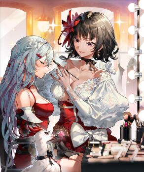 2girls absurdres animal artist_request bird black_hair blush breasts brush character_request chicken closed_eyes curly_hair disgust dress dressing_room embarrassed flower flower_on_head gran_saga highres large_breasts long_hair makeup medium_breasts mirror multiple_girls nails pointy_ears purple_eyes sitting white_hair