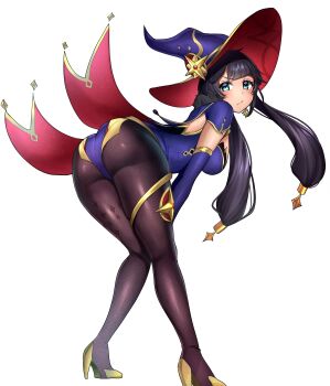 1girl absurdres ass bent_over black_hair black_pantyhose blue_eyes blue_hat blue_leotard breasts closed_mouth commentary detached_sleeves english_commentary full_body genshin_impact hat high_heels highres large_breasts leiden_yaegore leotard long_hair looking_at_viewer mona_(genshin_impact) paid_reward_available pantyhose parted_bangs simple_background solo white_background witch_hat