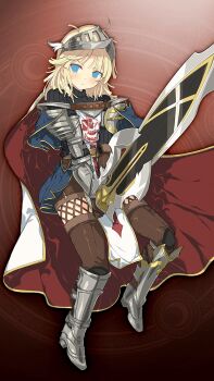1boy armor armored_gloves belt black_sweater blonde_hair blue_eyes brown_shorts brown_thighhighs cape copyright_notice full_body holding holding_sword holding_weapon male_focus red_cape short_hair shorts simple_background solo sweater sword thighhighs weapon