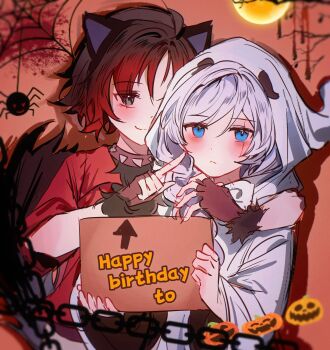 2girls absurdres akane031 animal_ears arm_around_shoulder black_hair blue_eyes bug chain closed_mouth collar english_text fake_animal_ears fake_tail fingerless_gloves ghost ghost_costume gloves gradient_hair halloween halloween_costume heart heart-shaped_eyes highres holding holding_sign jack-o'-lantern jack-o'-lantern_ornament multicolored_hair multiple_girls pumpkin red_hair red_shirt ruby_rose rwby scar scar_across_eye scar_on_face shirt short_hair sign silk spider spider_web spiked_collar spikes tail weiss_schnee white_hair