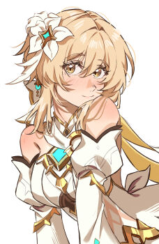 Rule 34 | 1girl, absurdres, bare shoulders, blonde hair, breasts, closed mouth, detached sleeves, dintoge, earrings, flower, genshin impact, hair between eyes, hair flower, hair ornament, hashtag-only commentary, highres, jewelry, leaning forward, light blush, looking at viewer, lumine (as heaven and earth are made anew) (genshin impact), lumine (genshin impact), medium breasts, official alternate costume, short hair with long locks, simple background, single earring, smile, solo, upper body, white background, white flower, yellow eyes