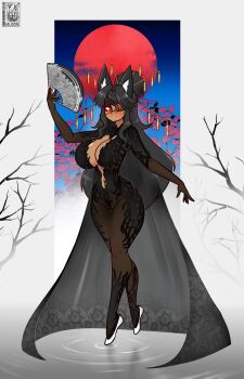Rule 34 | 1girl, animal ears, artist logo, bare tree, black bodysuit, black cape, black hair, blush, bodysuit, breasts, cape, cleavage, dark-skinned female, dark skin, eyebrows hidden by hair, eyepatch, full body, hair bun, hand fan, highres, holding, holding fan, large breasts, logo, long hair, looking at viewer, moon, navel, open mouth, original, paper fan, red eyes, red moon, shoes, smile, solo, standing, standing on liquid, thehaloworkshop, tiptoes, tree, variant set, very long cape, white shoes, wolf ears