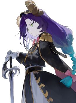 Rule 34 | 1girl, absurdres, aqua hair, black cloak, black jacket, black skirt, bow, bowtie, braid, cloak, closed mouth, commentary, commission, cowboy shot, from side, gloves, gradient hair, green eyes, hair bow, highres, horns, jacket, long hair, looking ahead, multicolored cloak, multicolored hair, multicolored skirt, nbee ya, original, pink bow, pink bowtie, purple hair, red cloak, simple background, single braid, skirt, solo, sword, two-tone hair, weapon, white background, white gloves, white skirt, yellow cloak, yellow jacket, yellow skirt