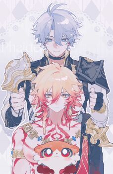 2boys animated animated_gif antenna_hair arm_tattoo armlet armor ayan_bu_ke_yao black_choker black_coat black_gloves black_shirt blonde_hair blue_eyes braid chest_tattoo chimera_(honkai:_star_rail) chinese_commentary choker coat commentary_request earrings facial_tattoo fingerless_gloves gloves gold_earrings gold_necklace gradient_hair highres honkai:_star_rail honkai_(series) inverted_nipples jewelry large_pectorals male_focus medium_hair multicolored_hair multiple_boys mydei_(fig_stew)_(honkai:_star_rail) mydei_(honkai:_star_rail) neck_tattoo necklace open_clothes open_coat parted_bangs pauldrons pectorals phainon_(honkai:_star_rail) red_hair red_tattoo shirt short_hair shoulder_armor side_braid single_glove single_pauldron sun_symbol sun_tattoo tan tattoo toned toned_male white_coat white_hair yellow_eyes