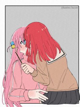 2girls absurdres black_skirt blue_eyes bocchi_the_rock! border brown_shirt cube_hair_ornament food gotoh_hitori grey_background hair_ornament hand_blush haniwa_hayate highres holding holding_food holding_pocky jacket kiss kita_ikuyo long_hair long_sleeves multiple_girls one_side_up outside_border pink_hair pink_jacket pleated_skirt pocky red_hair sailor_collar school_uniform serafuku shirt shuka_high_school_uniform skirt track_jacket twitter_username white_border white_sailor_collar yuri