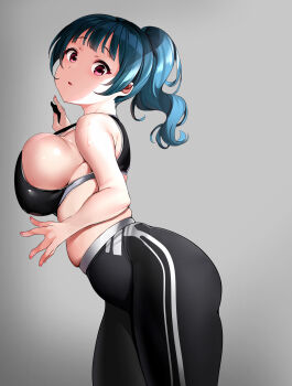 10s 1girl :o alternate_breast_size_(larger) alternate_hairstyle black_pants black_tank_top blue_hair breasts breasts_squeezed_together female_focus from_side high-waist_pants highres huge_breasts lips looking_at_viewer love_live! love_live!_sunshine!! midriff on_wall pants parted_bangs parted_lips ponytail purple_eyes shadow sideboob skindentation solo standing sweat tank_top tem10 thighs tsushima_yoshiko yoga_pants