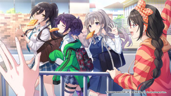 bag black_hair blue_eyes commentary_request game_cg idolmaster idolmaster_shiny_colors iku2727 l'antica_(idolmaster) long_hair mitsumine_yuika multiple_girls official_art pleated_skirt red-framed_eyewear road school_bag shirase_sakuya shirt skirt tanaka_mamimi tsukioka_kogane walking watch white_shirt yukoku_kiriko