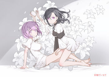 2girls black_hair breasts dress floral_background food fukuga_kurumi full_body fx_senshi_kurumi-chan hair_ornament hairpin knees_to_chest kogane_mochiko legs_together looking_at_viewer medium_breasts multiple_girls neck_ribbon pink_hair ribbon short_hair short_sleeves sitting smile solo squatting steamed_bun straddling tansan_daisuki white_dress