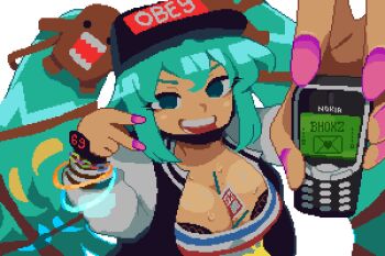 1girl 69_(meme) alternate_costume aqua_eyes aqua_hair bad_id bad_tumblr_id bar_phone baseball_cap between_breasts black_hat breasts card card_between_breasts cleavage dih_pixels domo-kun hat hatsune_miku holding holding_phone jacket jewelry large_breasts letterman_jacket long_hair looking_at_viewer makeup mascara mask meme mouth_mask nokia_(company) obey open_mouth philippine_flag_print philippines phone pink_nails pixel_art simple_background smile solo swagapino_(meme) sweat vocaloid watch worldwide_miku wristwatch