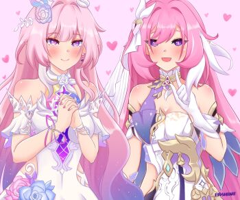 2girls bare_shoulders breasts cleavage commentary company_connection corset cyrene_(honkai:_star_rail) cyrene_(ripples_of_past_reverie)_(honkai:_star_rail) diamond-shaped_pupils diamond_(shape) dress earrings elf elysia_(herrscher_of_human:_ego)_(honkai_impact) elysia_(honkai_impact) english_commentary gloves herrscherofart highres honkai:_star_rail honkai_(series) honkai_impact_3rd inoue_marina jewelry large_breasts long_hair multicolored_hair multiple_girls nail_polish pink_background pink_hair pointy_ears purple_eyes smile symbol-shaped_pupils two-tone_hair veil very_long_hair voice_actor_connection white_corset white_dress white_gloves white_hair white_veil yanning