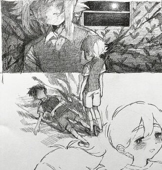 2boys absurdres antenna_hair basil_(faraway)_(omori) basil_(omori) closed_mouth collared_shirt double-parted_bangs full_moon greyscale hato_popo_37 highres indoors lying male_focus monochrome moon multiple_boys omori on_back shirt shoes short_hair shorts sidelocks socks something_(omori) spoilers sunny_(omori) sweater_vest traditional_media window