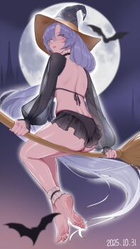 1girl absurdres ass barefoot bat blush broom cantarella_(wuthering_waves) feet full_moon halloween hat highres long_hair looking_at_viewer mole mole_under_eye moon parted_lips purple_eyes purple_hair soles toes witch witch_hat wuthering_waves xiyu2004yy