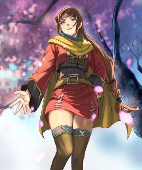 1girl belt brown_thighhighs cape cherry_blossoms commentary_request highres long_hair long_sleeves naohiro_ito original red_hair solo thighhighs very_long_hair yellow_cape