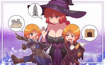 3girls absurdres breasts cleavage dress elpeo_puru gundam gundam_zz hat highres large_breasts light_blush looking_at_viewer marida_cruz multiple_girls neo_zeon one_eye_closed onimaru_(onimal7802) open_mouth orange_hair puru_two science_fiction short_hair standing upper_body witch_hat