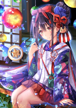 1girl absurdres black_hair blush commentary_request fate/grand_order fate/kaleid_liner_prisma_illya fate_(series) flower hair_flower hair_ornament highres hime_cut japanese_clothes long_hair magical_girl magical_sapphire miyu_edelfelt miyu_edelfelt_(third_ascension) red_eyes red_ribbon ribbon sakatsuki_miyu sitting tassel tsukasa_tsubasa wide_sleeves