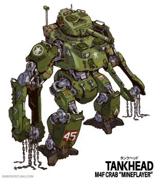 cannon chain dieselpunk emerson_tung english_text m4_sherman mecha mecha_focus mechanization military_vehicle mine_flail motor_vehicle no_humans original robot security_camera standing star_(symbol) tank united_states_army white_background