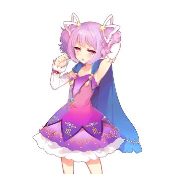 1girl armpits blue_cape cape collarbone detached_sleeves dress flat_chest gradient_clothes gradient_dress hair_ornament hair_ribbon holding holding_own_hair mayachi_(amuriya) melo_(uchihime) pink_dress pink_ribbon purple_dress purple_hair red_eyes ribbon short_hair star_(symbol) star_hair_ornament twintails uchi_no_hime-sama_ga_ichiban_kawaii