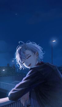 1boy absurdres against_railing black_jacket blue_sky ca_mei cityscape closed_eyes crescent_moon ear_piercing eyeshadow facing_viewer fuwa_minato fuwa_minato_(2nd_costume) grey_hair hair_between_eyes hashtag-only_commentary highres jacket lamppost light_particles makeup male_focus moon multicolored_hair night nijisanji open_mouth outdoors parted_bangs piercing purple_eyeshadow railing sky skyline smile solo streaked_hair teeth upper_body upper_teeth_only virtual_youtuber