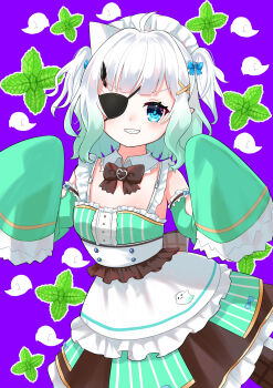 Rule 34 | 1girl, absurdres, ahoge, back bow, black bow, black bowtie, blue bow, blue eyes, blush, bow, bowtie, breasts, commentary, cowboy shot, detached collar, detached sleeves, dress, english commentary, eyepatch, frilled sleeves, frills, ghost, ghost pose, gradient hair, green dress, green hair, green sleeves, grin, hair bow, hair ornament, highres, indie virtual youtuber, kroble, long sleeves, maid, maid headdress, mint, mint fantome, mint fantome (minto 2.0), multicolored hair, one eye covered, open mouth, pointy ears, purple background, short hair, sleeve garter, small breasts, smile, solo, triangular headpiece, two-tone hair, two side up, variant set, very long sleeves, virtual youtuber, white hair, wide sleeves, x hair ornament