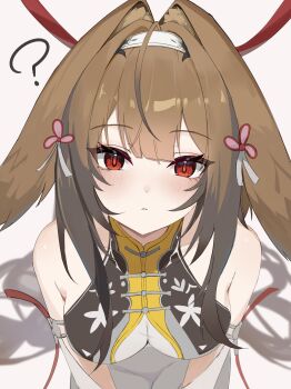 1girl ? absurdres armlet bare_shoulders blurry blurry_background blush breasts brown_hair china_dress chinese_clothes closed_mouth clover clover_hair_ornament collarbone commentary_request dress droopy_ears hair_intakes hair_ornament hairband highres jewelry long_hair looking_at_viewer medium_breasts portrait red_eyes see-through_clothes silver_armlet simple_background solo tumugi_sunohara very_long_hair white_background white_hairband ye_shunguang zenless_zone_zero