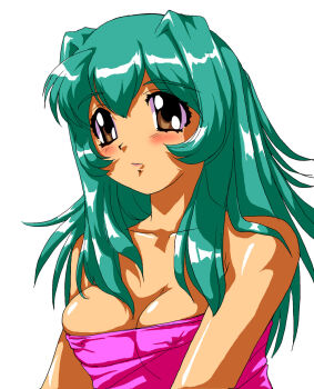 Rule 34 | 00s, breasts, brown eyes, cleavage, eyeball (artist), green hair, highres, inko no tsubasa, short hair, tenshi no shippo, towel