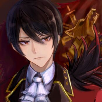 1boy ascot black_hair closed_mouth coat collared_shirt commentary_request expressionless flag flag_print fur_trim hair_between_eyes highres jacket lips looking_to_the_side male_focus poppokopopop portrait re:zero_kara_hajimeru_isekai_seikatsu red_coat red_eyes red_jacket sad shirt short_hair sidelocks solo vincent_vollachia white_ascot white_shirt wolf