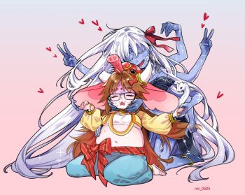 2girls artist_name blue_skin brown_hair colored_skin double_v elephant_hat extra_arms fat fat_woman fate/grand_order fate_(series) ganesha_(fate) glasses gradient_background heart highres hug hug_from_behind jewelry jinako_carigiri kali_(fate) long_hair midriff multiple_girls navel ran_(ran_0605) ring snake third_eye v very_long_hair white_hair