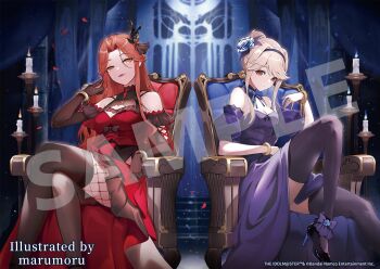 Rule 34 | 2girls, artist name, black gloves, black shoes, black thighhighs, blue flower, blue rose, breasts, brown hair, candle, chair, cleavage, commentary request, company name, copyright name, copyright notice, crossed legs, dress, elbow gloves, fishnet gloves, fishnets, flower, gloves, guest art, hair bun, hair flower, hair ornament, hairband, high heels, highres, idolmaster, idolmaster cinderella girls, idolmaster million live!, indoors, knee up, long hair, looking at viewer, marumoru, multiple girls, official art, on chair, orange eyes, orange hair, purple dress, red dress, rose, sample watermark, second-party source, shoes, sidelocks, single hair bun, sitting, tenkuubashi tomoka, thighhighs, watermark, zaizen tokiko