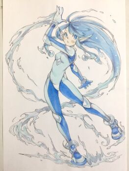 1girl arm_up blue_bodysuit blue_boots blue_eyes blue_gloves blue_hair bodysuit boots breasts commentary full_body gloves highres hydrokinesis liquid_hair long_hair original parted_lips peter_salt pointy_ears sidelocks small_breasts solo standing standing_on_one_leg traditional_media water