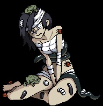 1girl animated animated_gif bandaged_arm bandaged_head bandages beetle bug eyepatch hands_between_legs insect millipede paul_robertson pixel_art sarashi sitting toad_(animal)