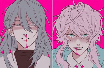 2boys amemura_ramuda angry antenna_hair black_shirt blood blood_from_mouth blue_eyes blue_jacket collared_shirt film_grain glaring grey_hair hair_behind_ear hair_between_eyes hood hypnosis_mic jacket jinguji_jakurai long_hair long_sidelocks male_focus morisawa_chiaki_(charbroiler) multiple_boys neck_ribbon nosebleed parted_lips pink_background pink_blood pink_hair portrait ribbon scowl shaded_face shirt short_hair_with_long_locks sidelocks split_screen swept_bangs turtleneck