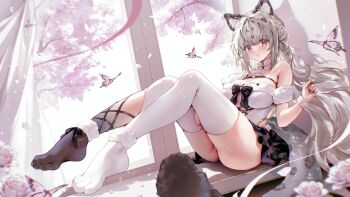 1girl absurdres animal_ears animal_feet ass asymmetrical_legwear black_dress black_socks breasts bug butterfly closed_mouth commentary commission dress english_commentary fingernails full_body fur_wrist_cuffs grey_hair hand_up highres indie_virtual_youtuber insect large_breasts legs long_hair looking_at_viewer mismatched_legwear momochan_(vtuber) petals second-party_source single_sock single_thighhigh sitting socks solo tail thighhighs very_long_hair virtual_youtuber white_thighhighs window wrist_cuffs zaifan_(zzaifann)