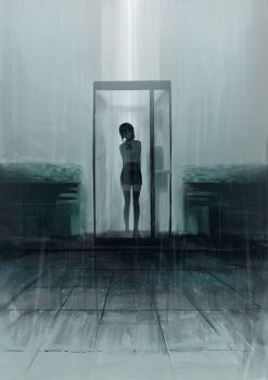 1girl 2u_zzz black_hair black_ribbon chainsaw_man hair_between_eyes hair_bun highres long_hair_between_eyes neck_ribbon rain reze_(chainsaw_man) ribbon shirt shirt_tucked_in single_hair_bun sleeveless sleeveless_shirt solo white_shirt