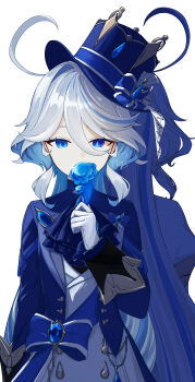 2girls absurdres ahoge ascot back-to-back blue_ascot blue_bow blue_eyes blue_flower blue_gem blue_hat blue_jacket blue_ribbon blue_streaks bow commentary_request drop-shaped_pupils flower focalors_(genshin_impact) furina_(genshin_impact) gem genshin_impact gloves hair_between_eyes hand_up hat hat_bow hat_ribbon heterochromia highres holding holding_flower jacket lakelight_lily_(genshin_impact) long_hair long_sleeves multicolored_hair multiple_girls ouji_fashion owl_5151 ribbon signature streaked_hair symbol-shaped_pupils upper_body very_long_hair white_background white_gloves white_hair