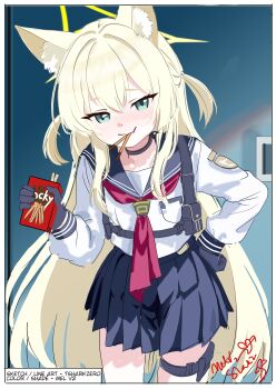 1girl absurdres animal_ear_fluff animal_ears aqua_eyes black_choker black_gloves blonde_hair blue_archive blue_sailor_collar blue_skirt blush choker food food_in_mouth fox_ears fox_girl gloves green_halo hair_between_eyes halo hand_on_own_hip highres holding holding_food holding_pocky kurumi_(blue_archive) leaning_forward long_hair looking_at_viewer melissa_v2 neckerchief pleated_skirt pocky pocky_in_mouth red_neckerchief sailor_collar shirt sidelocks skirt smile solo thigh_strap two_side_up white_shirt