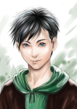 10s 1boy 2010 batman_(series) black_hair blue_eyes dc_comics dick_grayson hood hoodie jacket looking_at_viewer male_focus portrait smile solo young_justice:_invasion