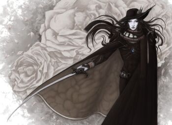 Rule 34 | 1boy, black hair, cape, commentary, d (vampire hunter d), english commentary, flower, hat, highres, holding, holding sword, holding weapon, jewelry, long hair, necklace, pale skin, rose, solo, swampybog, sword, vampire hunter d, weapon, white flower, white rose