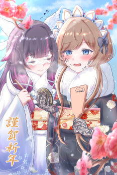 2girls absurdres black_gloves black_hair black_kimono blue_eyes blue_sky blush bow brown_hair closed_eyes closed_mouth cloud columbina_(genshin_impact) commentary_request feathered_wings floral_print floral_print_kimono flower fur-trimmed_kimono fur_trim genshin_impact gloves gradient_hair hair_bow hair_ribbon happy_new_year head_wings highres holding holding_brush japanese_clothes kimono lace lace-trimmed_gloves lace_trim long_sidelocks looking_at_another multicolored_hair multiple_girls multiple_wings nekozuki_nanaka new_year open_mouth pink_flower pink_hair print_kimono ribbon sandrone_(genshin_impact) sidelocks sky smile white_bow white_kimono white_mask white_ribbon wings