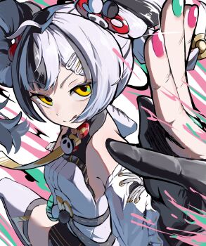 1girl aqua_nails bare_shoulders black_hair blush braid braided_twintails breasts china_dress chinese_clothes commentary_request detached_sleeves dialyn_(zenless_zone_zero) dress gloves hair_extensions hair_ornament hairclip highres kraken_bio leg_up long_hair looking_at_viewer multicolored_hair multicolored_nails necktie panda_hair_ornament partially_fingerless_gloves red_nails ring_hair_extensions small_breasts solo sparkle sparkling_eyes split-color_hair thighhighs tongue tongue_out white_dress white_hair white_thighhighs yellow_eyes yellow_necktie zenless_zone_zero