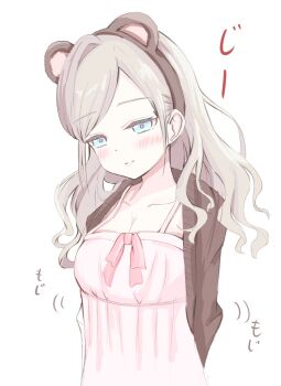 1girl animal_ear_hairband animal_ears arms_behind_back bairasu_02 bear_ear_hairband bear_ears blue_eyes blush breasts brown_cardigan brown_hairband camisole cardigan ceras_yanagida_lilienfeld ceras_yanagida_lilienfeld_(shiren_koto_no_suzume_loungewear) cleavage closed_mouth commentary_request fake_animal_ears grey_hair hairband highres large_breasts link!_like!_love_live! long_hair love_live! official_alternate_costume open_cardigan open_clothes parted_bangs pink_camisole side_part solo split_mouth virtual_youtuber wavy_hair