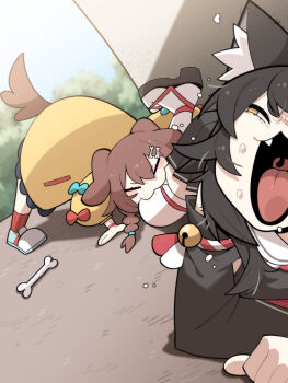 2girls absurdres animal_ears bell biting_another's_leg black_hair blush bone bone_hair_ornament braid brown_eyes brown_hair cartoon_bone closed_eyes cocomayo29_(tomato) commentary_request detached_sleeves dog_ears dog_girl dog_tail dutch_angle fang hair_ornament half-closed_eyes highres hololive inugami_korone inugami_korone_(1st_costume) jacket jingle_bell korean_commentary kouhaku_nawa long_sleeves multiple_girls on_floor ookami_mio ookami_mio_(1st_costume) open_mouth outdoors photo-referenced rope shimenawa tail thighhighs tongue tongue_out virtual_youtuber white_thighhighs wolf_ears wolf_girl yellow_jacket