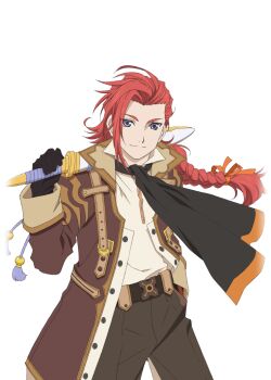 Rule 34 | 1boy, alternate costume, alvin (tales), alvin (tales) (cosplay), artist request, blue eyes, braid, brown coat, brown pants, closed mouth, coat, cosplay, cowboy shot, game cg, hair ribbon, hand in pocket, holding, holding sword, holding weapon, long hair, looking at viewer, male focus, official art, pants, red hair, ribbon, shirt, simple background, smile, solo, standing, sword, tales of (series), tales of asteria, tales of symphonia, tales of xillia, third-party source, transparent background, weapon, white shirt, zelos wilder