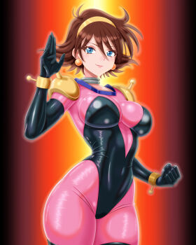 1girl blue_eyes bodysuit breasts brown_hair clenched_hand closed_mouth covered_navel earrings g_gundam gundam hair_between_eyes hairband highres iforher jewelry looking_at_viewer mecha_pilot_suit mobile_trace_suit pink_bodysuit rain_mikamura short_hair skin_tight smile solo sphere_earrings yellow_hairband