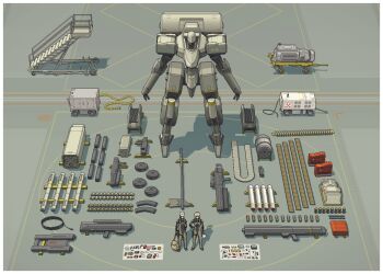1boy 1girl ammunition ammunition_belt axe bag blonde_hair dithering equipment_layout generator mecha missiles multishot_rocket_launcher original pc-98_(style) pilot_suit pixel_art rifle_cartridge robot rocket_launcher stairs w_a_v_e weapon