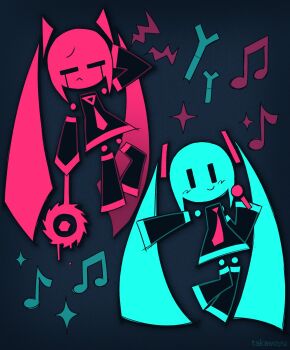 Rule 34 | 2girls, :<, = =, alternate color, artist name, circular saw, closed eyes, closed mouth, dress, hand on own head, hatsune miku, highres, holding, holding microphone, holding saw, just shapes &amp; beats, long hair, microphone, multiple girls, musical note, necktie, parody, pink necktie, saw, shapes, smile, spring onion, style parody, takawoyu, twintails, vocaloid, | |