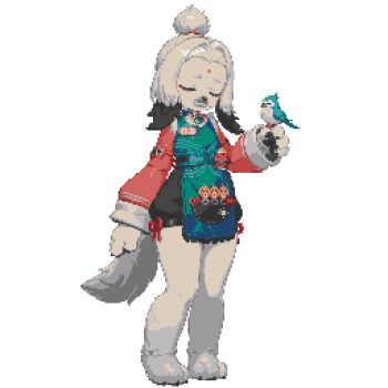 1girl animal_ears bird cairn_(zenless_zone_zero) chinese_clothes closed_mouth dog_ears dog_girl dress facial_mark forehead_mark furry furry_female green_eyes long_hair long_sleeves looking_at_viewer miyahplacidus multiple_girls pixel_art solo white_hair zenless_zone_zero