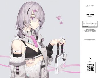 Rule 34 | .akuma, 1girl, alternate costume, arm strap, armpit crease, asumi sena, bag, black bra, black nails, bra, breasts, detached sleeves, earrings, eyewear strap, glasses, grey hair, hair ornament, hairpin, handbag, hashtag-only commentary, highres, jewelry, low twintails, midriff peek, multicolored hair, parted bangs, partially unzipped, pink eyes, single bare shoulder, small breasts, solo, streaked hair, transparent bag, twintails, underwear, upper body, virtual youtuber, vspo!