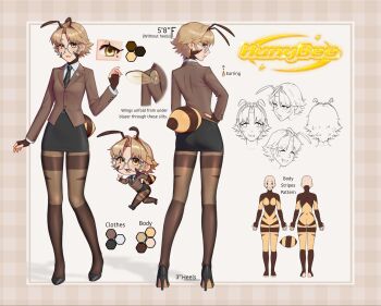 1girl absurdres arthropod_girl ass bee_girl black_necktie black_shoes black_skirt breasts brown_eyes brown_hair brown_pantyhose chibi closed_mouth diagonal-striped_clothes diagonal-striped_necktie earrings face_piercing glasses grey-framed_eyewear high_heels highres hunybee insect_girl jewelry looking_at_viewer medium_breasts mouth_piercing necktie open_mouth original pantyhose pencil_skirt piercing reference_sheet round_eyewear shoes short_hair skirt smile solo striped_clothes yellow_nails
